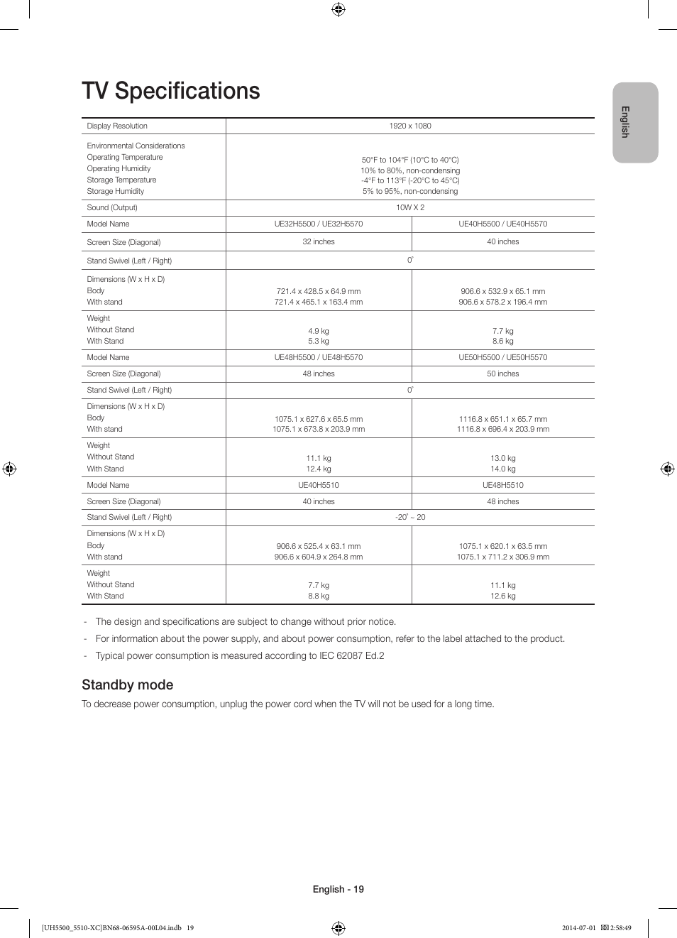 10 specifications and other information, Tv specifications, Standby mode | Samsung UE32H5570SS User Manual | Page 19 / 81