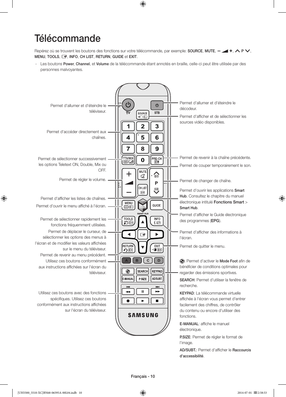 Télécommande | Samsung UE32H5570SS User Manual | Page 30 / 81