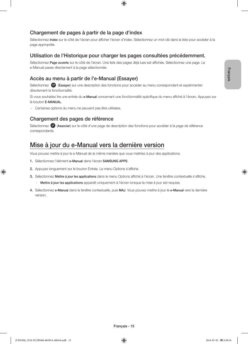 Mise à jour du e-manual vers la dernière version, Chargement de pages à partir de la page d'index, Accès au menu à partir de l'e-manual (essayer) | Chargement des pages de référence | Samsung UE32H5570SS User Manual | Page 35 / 81