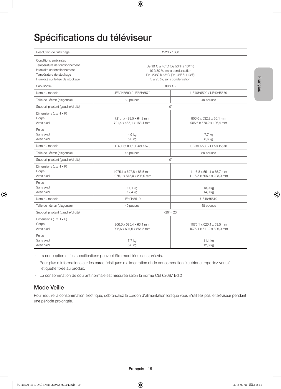 Spécifications du téléviseur, Mode veille | Samsung UE32H5570SS User Manual | Page 39 / 81