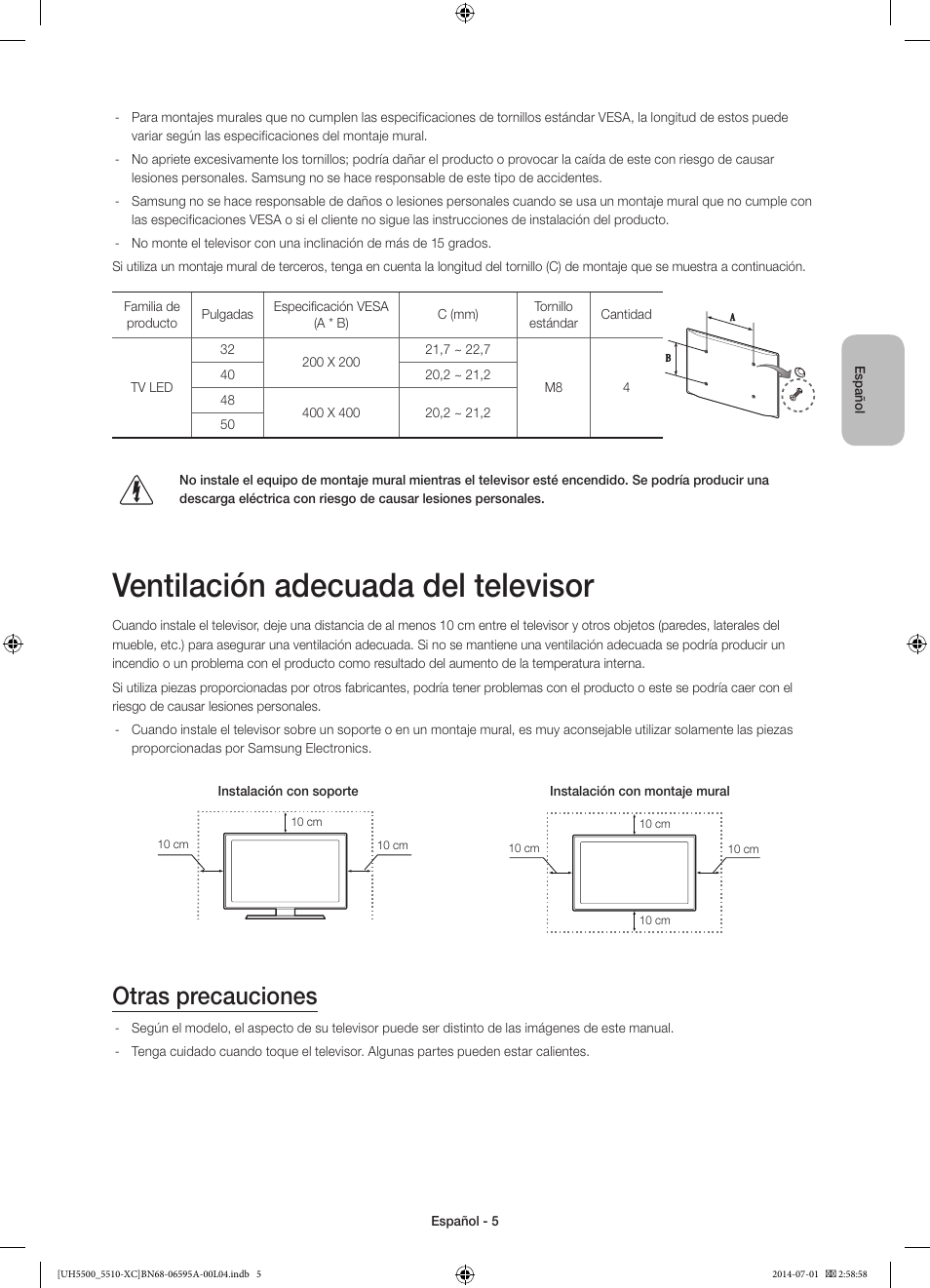 Ventilación adecuada del televisor, Otras precauciones | Samsung UE32H5570SS User Manual | Page 45 / 81