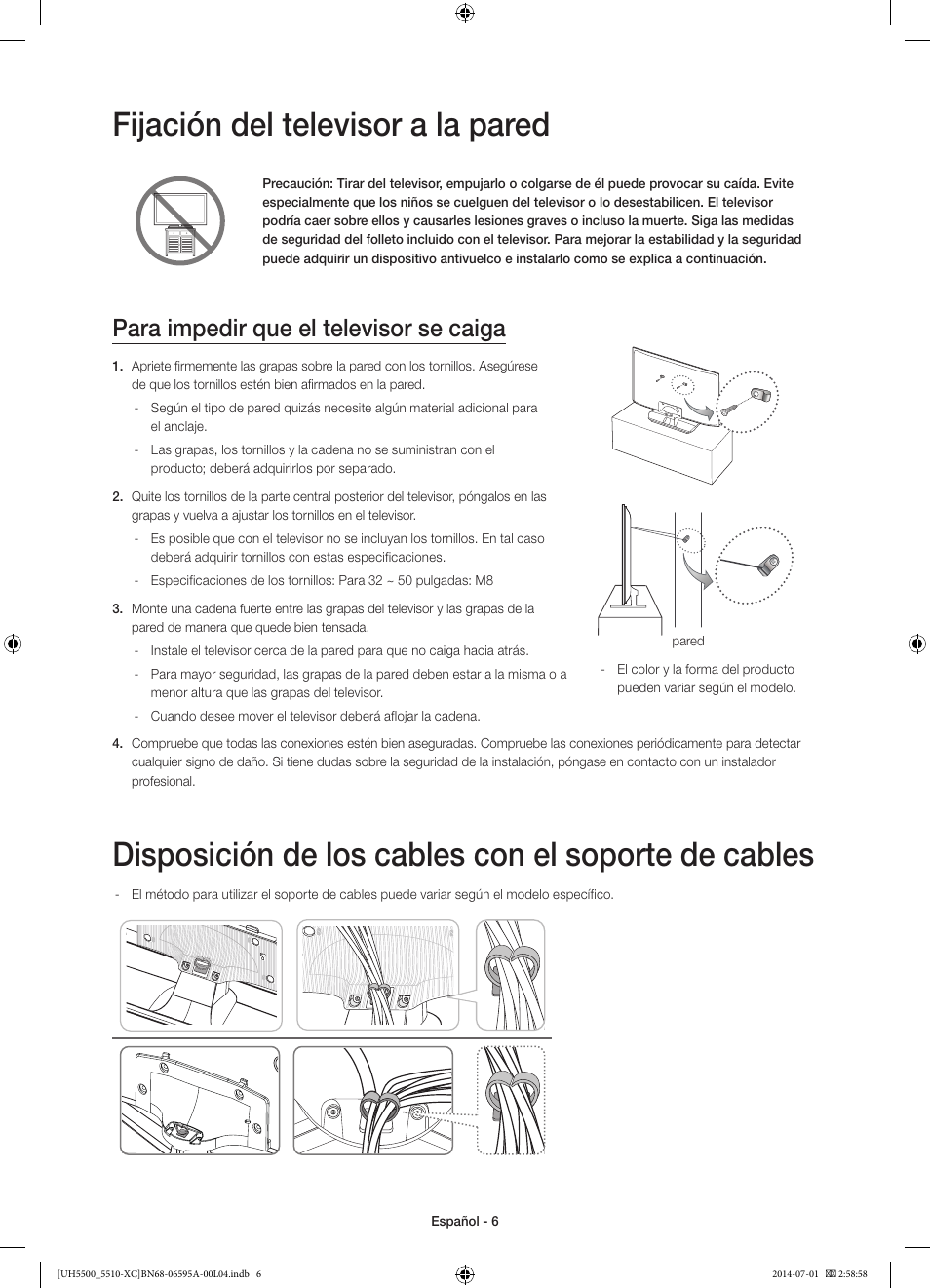 Fijación del televisor a la pared, Disposición de los cables con el soporte de cables, Para impedir que el televisor se caiga | Samsung UE32H5570SS User Manual | Page 46 / 81