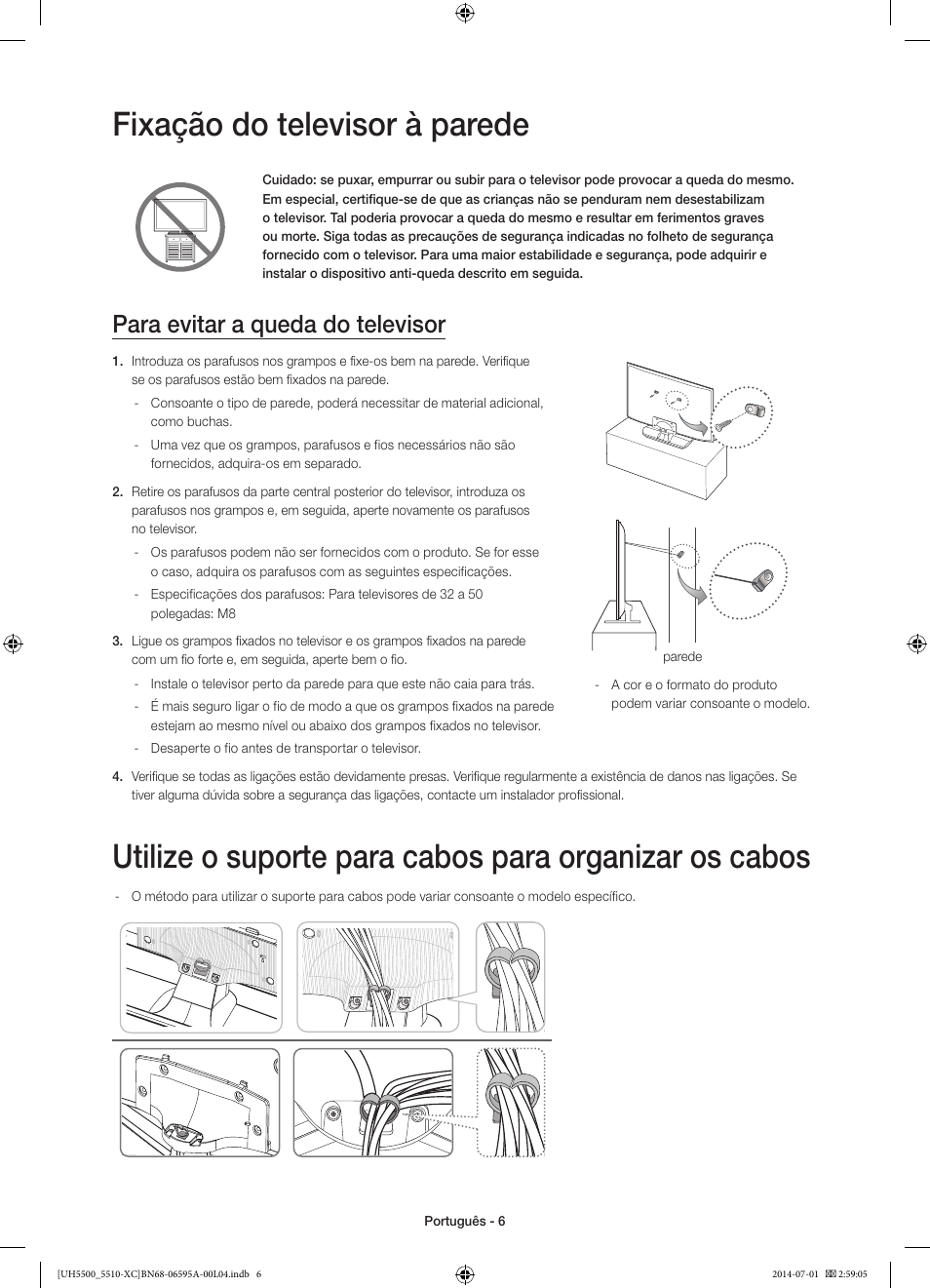 Fixação do televisor à parede, Para evitar a queda do televisor | Samsung UE32H5570SS User Manual | Page 66 / 81