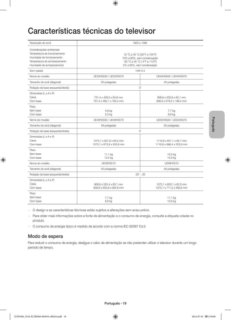 Características técnicas do televisor, Modo de espera | Samsung UE32H5570SS User Manual | Page 79 / 81