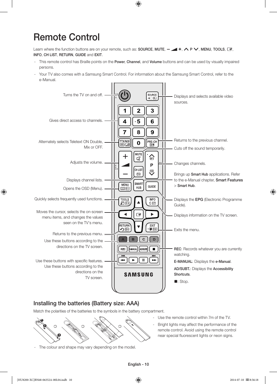 Remote control, Installing the batteries (battery size: aaa) | Samsung UE65HU8200L User Manual | Page 10 / 97