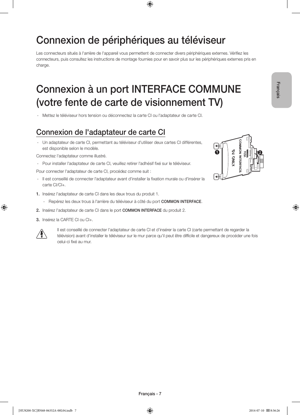 Connexion de périphériques au téléviseur, Connexion de l'adaptateur de carte ci | Samsung UE65HU8200L User Manual | Page 31 / 97