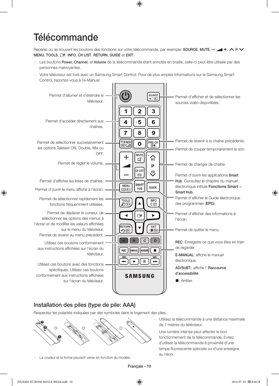 Télécommande, Installation des piles (type de pile: aaa) | Samsung UE65HU8200L User Manual | Page 34 / 97