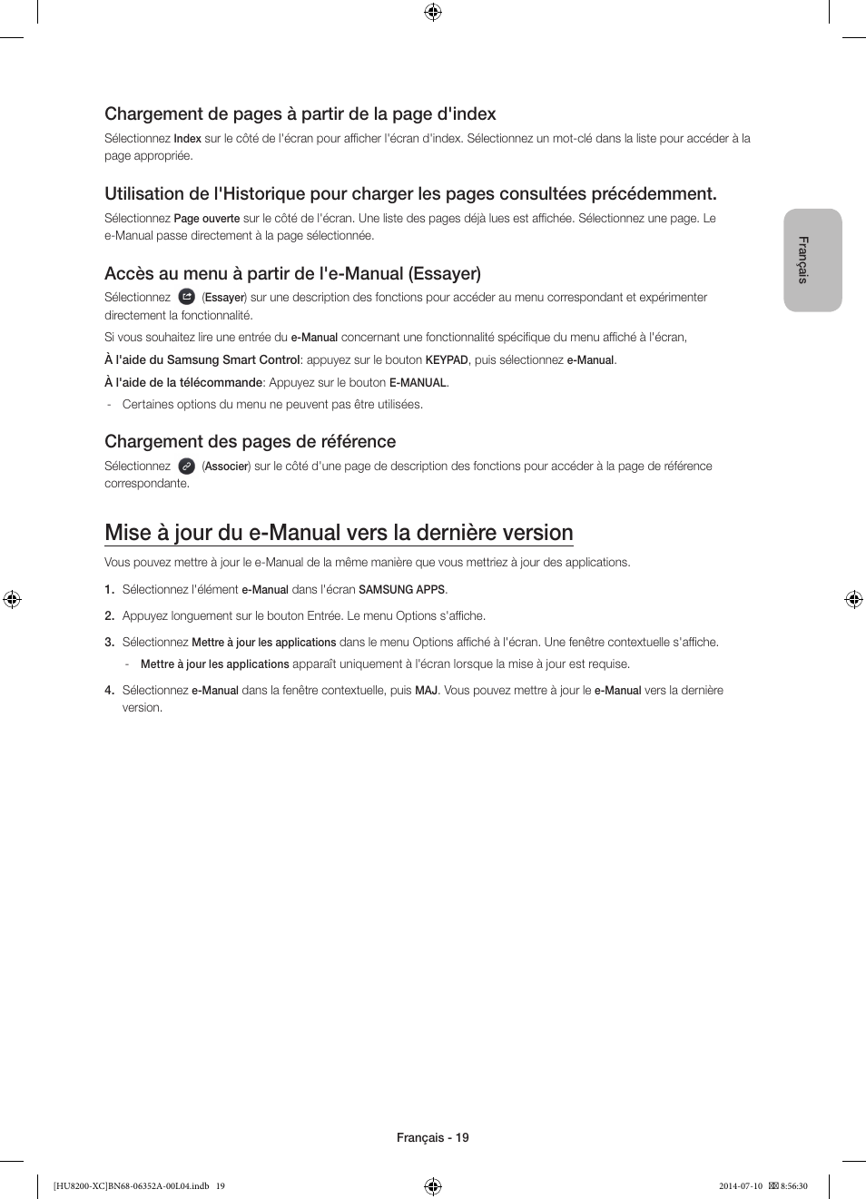 Mise à jour du e-manual vers la dernière version, Chargement de pages à partir de la page d'index, Accès au menu à partir de l'e-manual (essayer) | Chargement des pages de référence | Samsung UE65HU8200L User Manual | Page 43 / 97