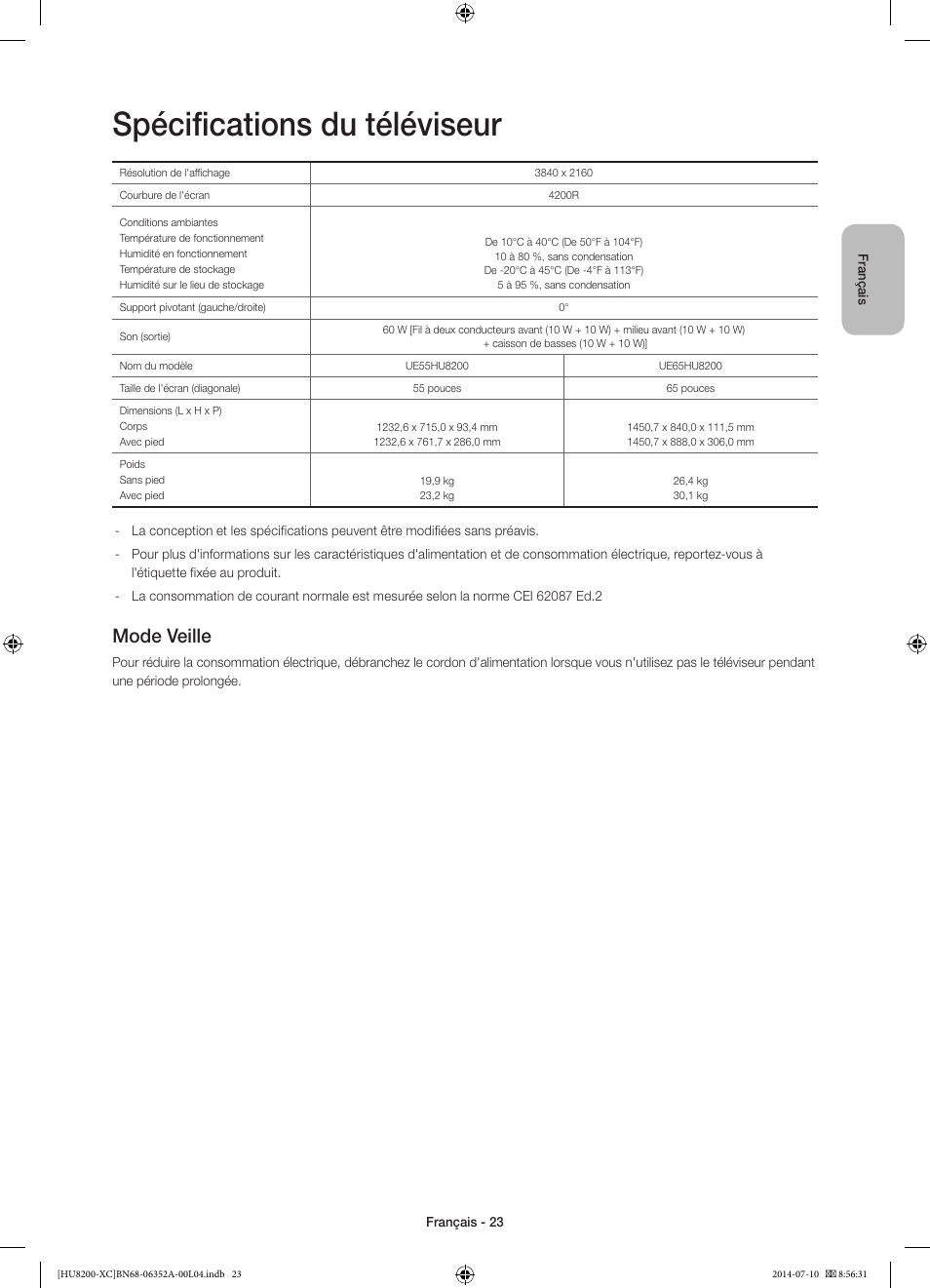 Spécifications du téléviseur, Mode veille | Samsung UE65HU8200L User Manual | Page 47 / 97