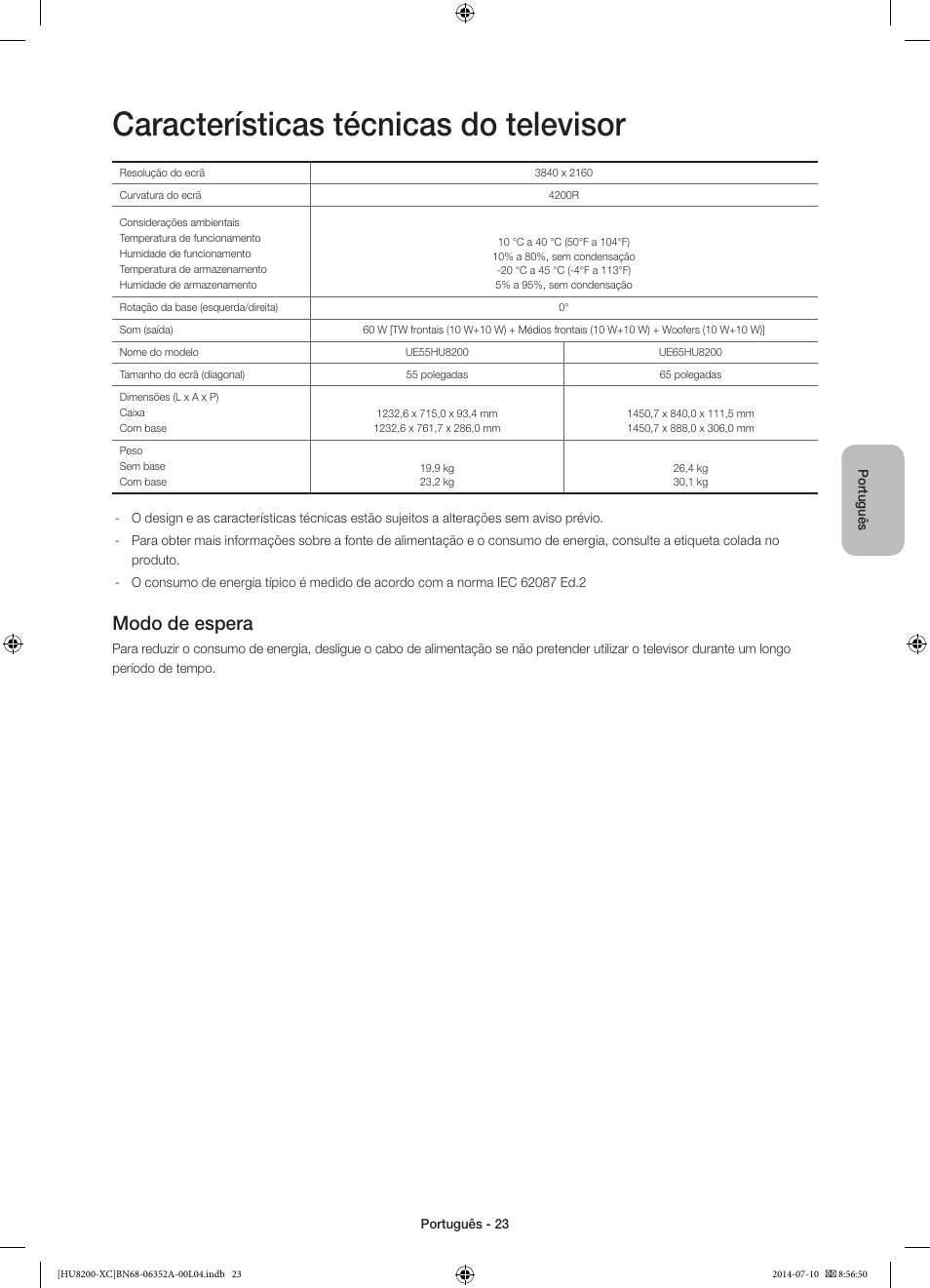 Características técnicas do televisor, Modo de espera | Samsung UE65HU8200L User Manual | Page 95 / 97