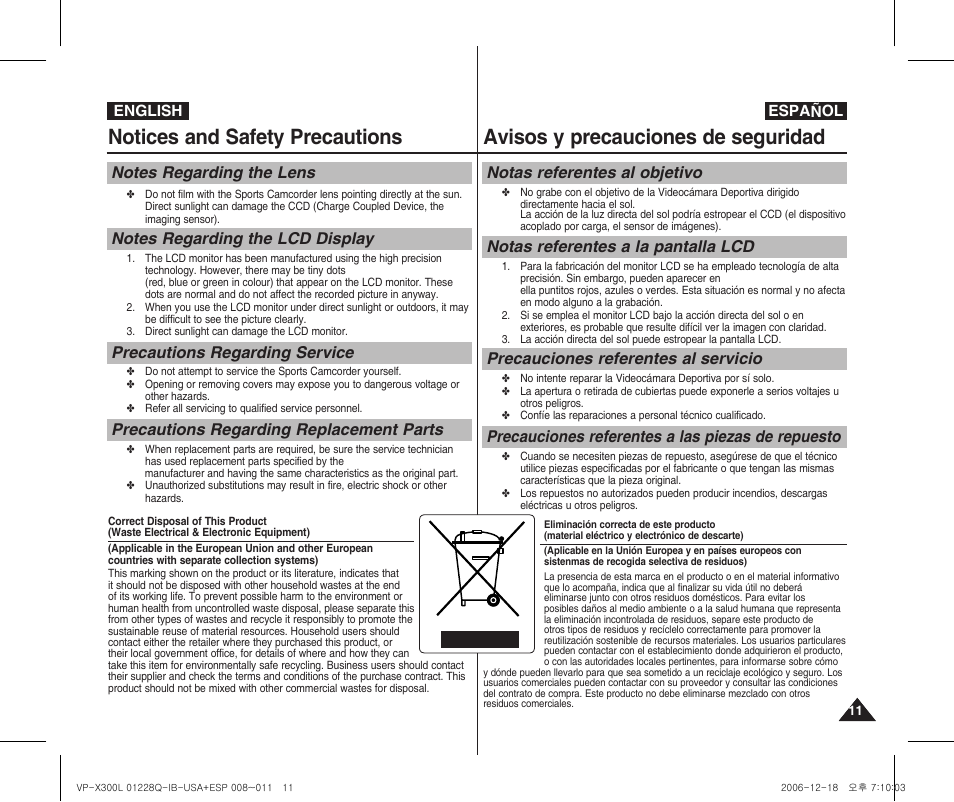 Notices and safety precautions, Avisos y precauciones de seguridad, Notas referentes al objetivo | Notas referentes a la pantalla lcd, English español | Samsung VP-X300 User Manual | Page 11 / 117