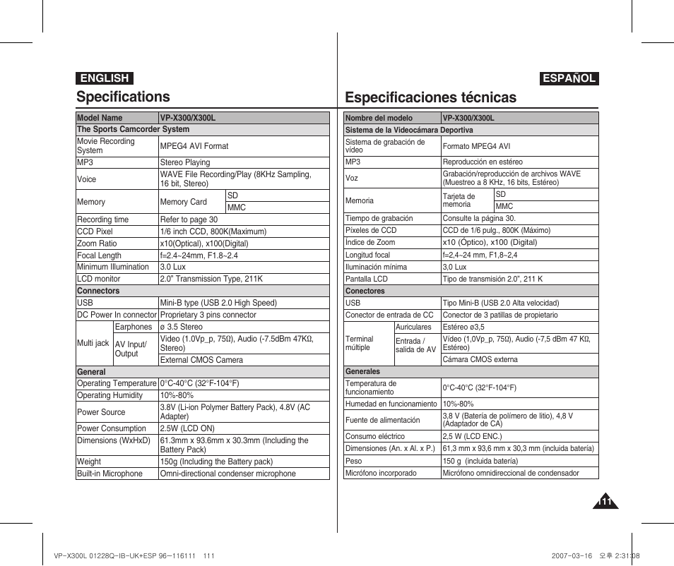 Specifications, Especificaciones técnicas | Samsung VP-X300 User Manual | Page 111 / 117