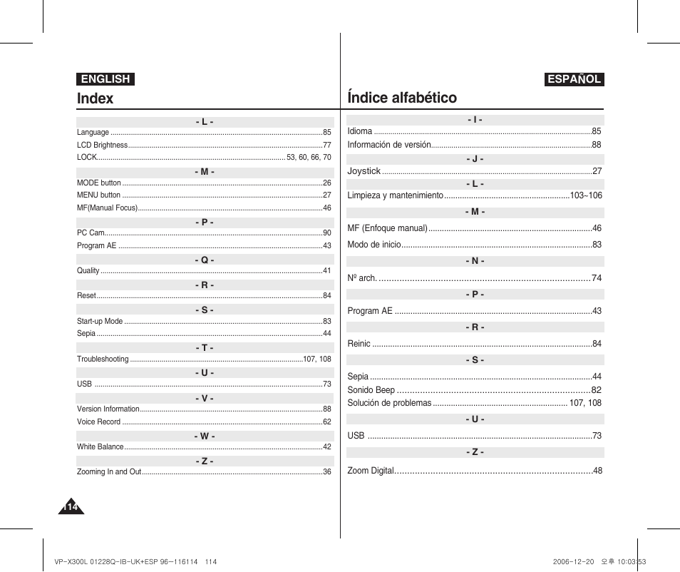 Index, Índice alfabético | Samsung VP-X300 User Manual | Page 114 / 117