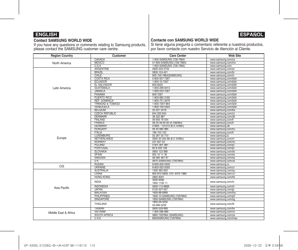 Español english | Samsung VP-X300 User Manual | Page 116 / 117