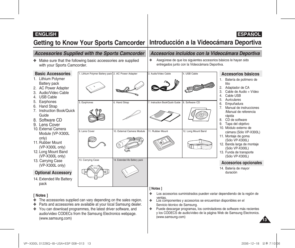 Getting to know your sports camcorder, Introducción a la videocámara deportiva, Accessories supplied with the sports camcorder | Accesorios incluidos con la videocámara deportiva | Samsung VP-X300 User Manual | Page 13 / 117