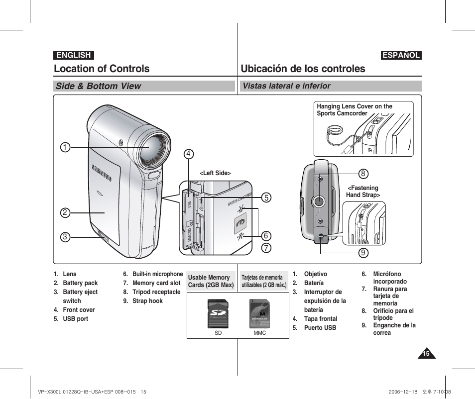 Location of controls, Ubicación de los controles, Side & bottom view | Samsung VP-X300 User Manual | Page 15 / 117