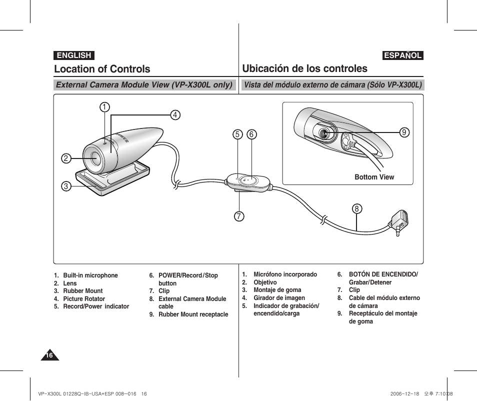 Location of controls, Ubicación de los controles | Samsung VP-X300 User Manual | Page 16 / 117