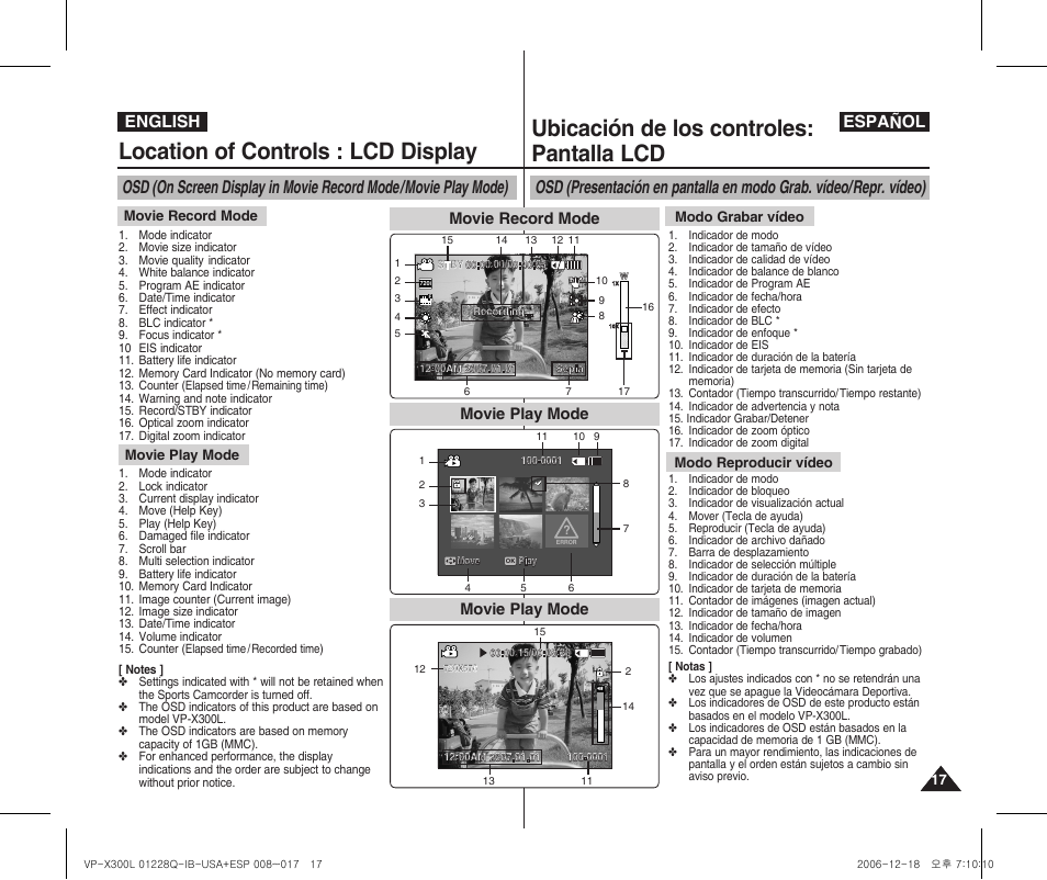 Location of controls : lcd display, Ubicación de los controles: pantalla lcd, English español | Movie play mode, Movie record mode, Movie record mode movie play mode, Modo grabar vídeo modo reproducir vídeo | Samsung VP-X300 User Manual | Page 17 / 117