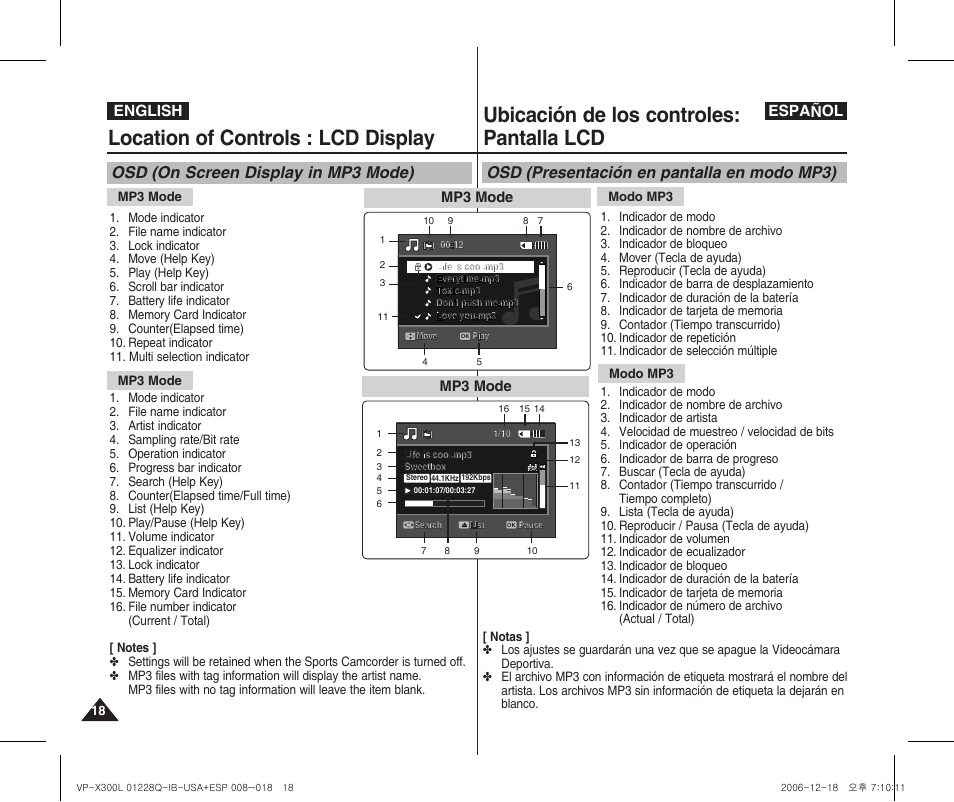 Location of controls : lcd display, Ubicación de los controles: pantalla lcd, Osd (on screen display in mp3 mode) | Osd (presentación en pantalla en modo mp3), English español | Samsung VP-X300 User Manual | Page 18 / 117