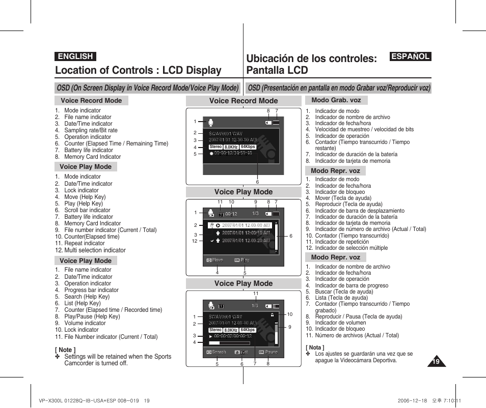 Location of controls : lcd display, Ubicación de los controles: pantalla lcd, English español | Voice record mode, Voice play mode | Samsung VP-X300 User Manual | Page 19 / 117