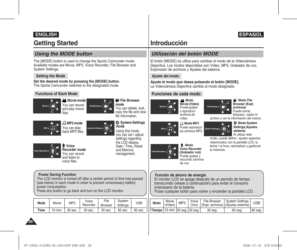 Getting started, Introducción, Using the mode button | Utilización del botón mode, English español, Funciones de cada modo | Samsung VP-X300 User Manual | Page 26 / 117