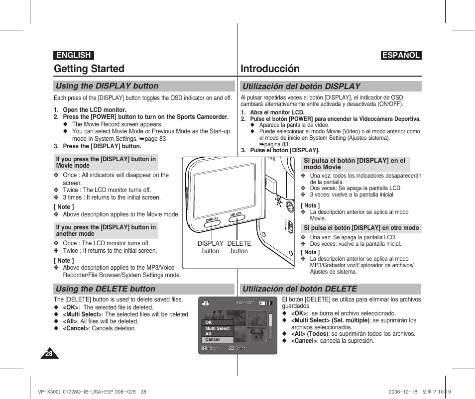 Getting started, Introducción, Using the display button using the delete button | Samsung VP-X300 User Manual | Page 28 / 117