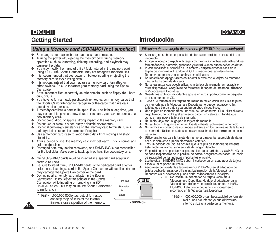 Getting started, Introducción, English español | Samsung VP-X300 User Manual | Page 32 / 117