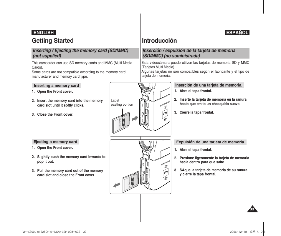 Getting started, Introducción, English español | 720i | Samsung VP-X300 User Manual | Page 33 / 117
