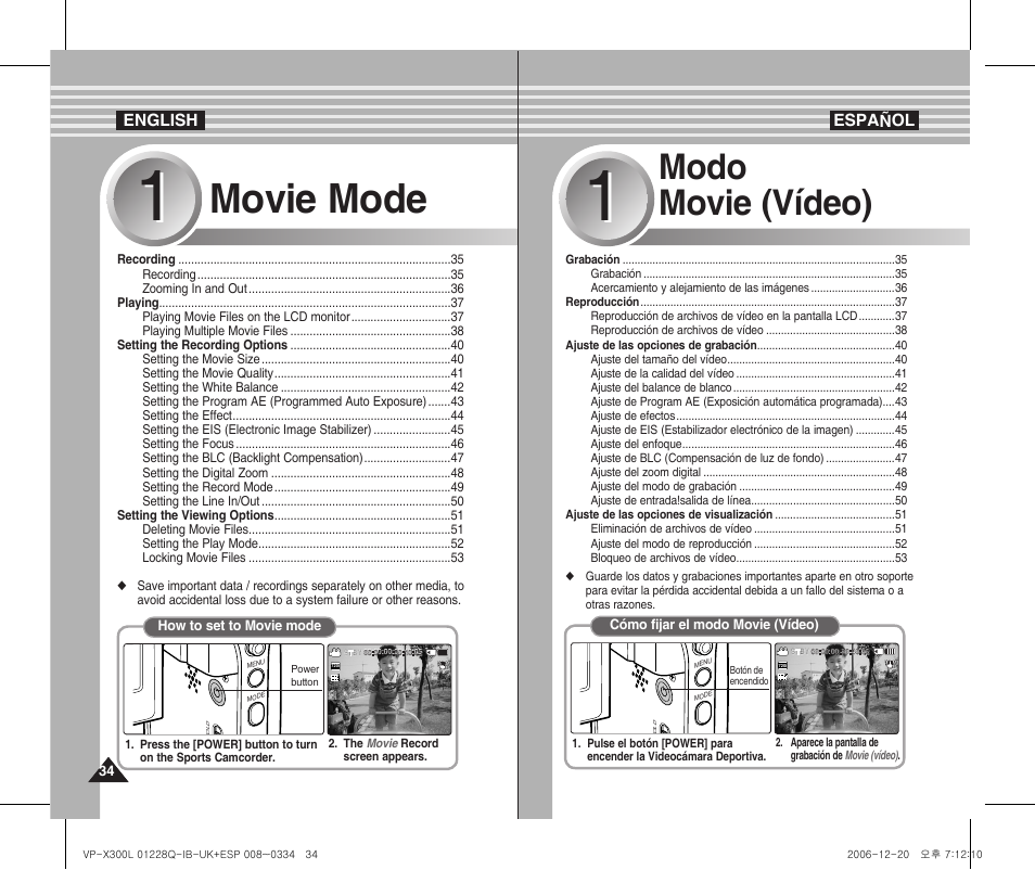 Movie mode, Modo movie (vídeo) | Samsung VP-X300 User Manual | Page 34 / 117