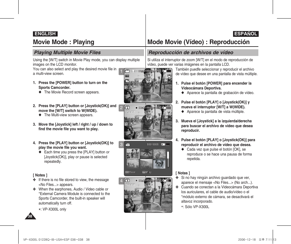 Movie mode : playing, Mode movie (vídeo) : reproducción, Playing multiple movie files | Reproducción de archivos de vídeo, English español | Samsung VP-X300 User Manual | Page 38 / 117