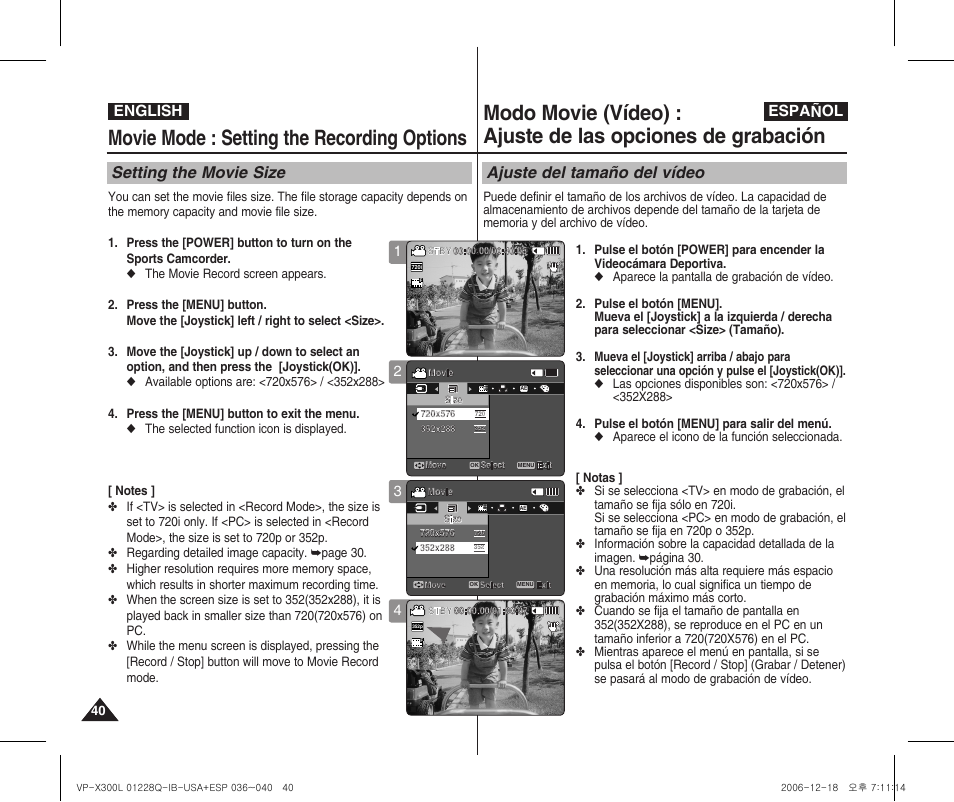 Movie mode : setting the recording options, Setting the movie size, Ajuste del tamaño del vídeo | English español | Samsung VP-X300 User Manual | Page 40 / 117