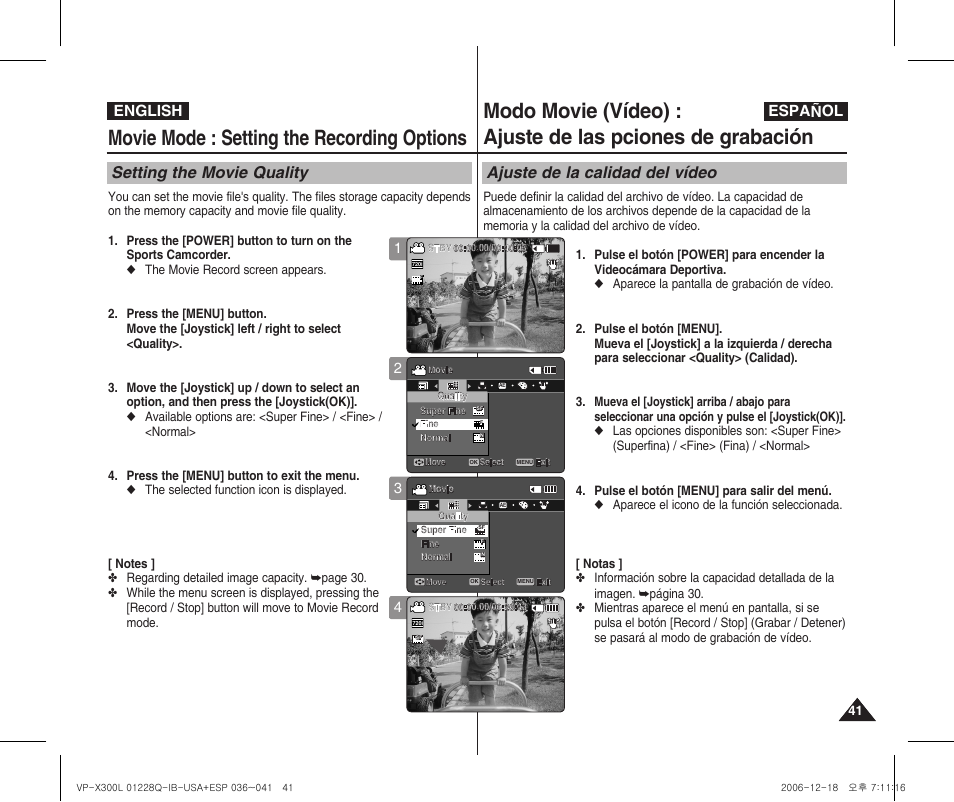Movie mode : setting the recording options, Setting the movie quality, Ajuste de la calidad del vídeo | English español | Samsung VP-X300 User Manual | Page 41 / 117