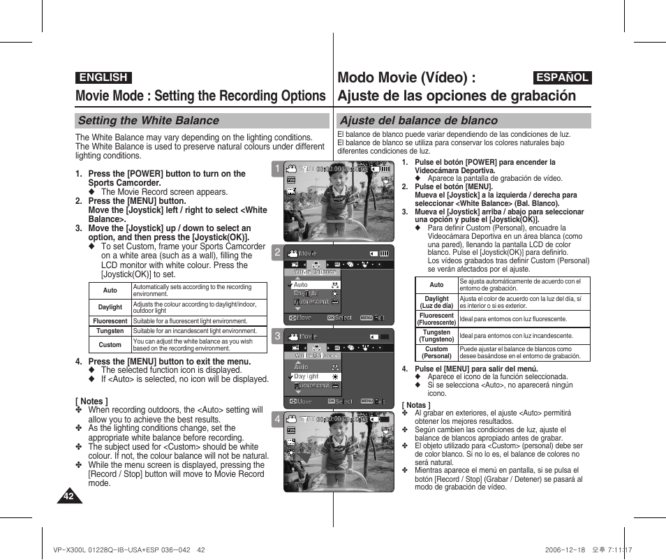 Movie mode : setting the recording options, Setting the white balance, Ajuste del balance de blanco | English español | Samsung VP-X300 User Manual | Page 42 / 117