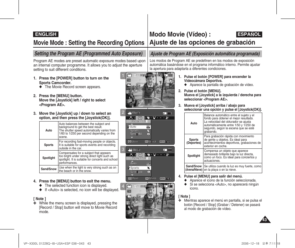 Movie mode : setting the recording options, Setting the program ae (programmed auto exposure), English español | Samsung VP-X300 User Manual | Page 43 / 117