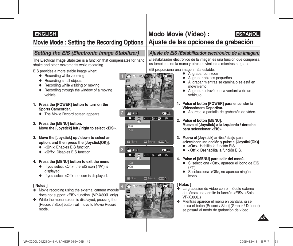 Movie mode : setting the recording options, Setting the eis (electronic image stabilizer), English español | Samsung VP-X300 User Manual | Page 45 / 117