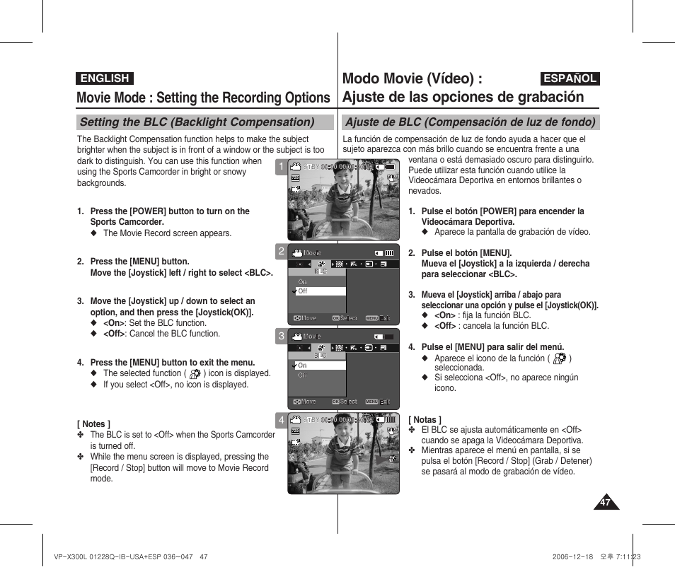 Movie mode : setting the recording options, Setting the blc (backlight compensation), Ajuste de blc (compensación de luz de fondo) | English español | Samsung VP-X300 User Manual | Page 47 / 117