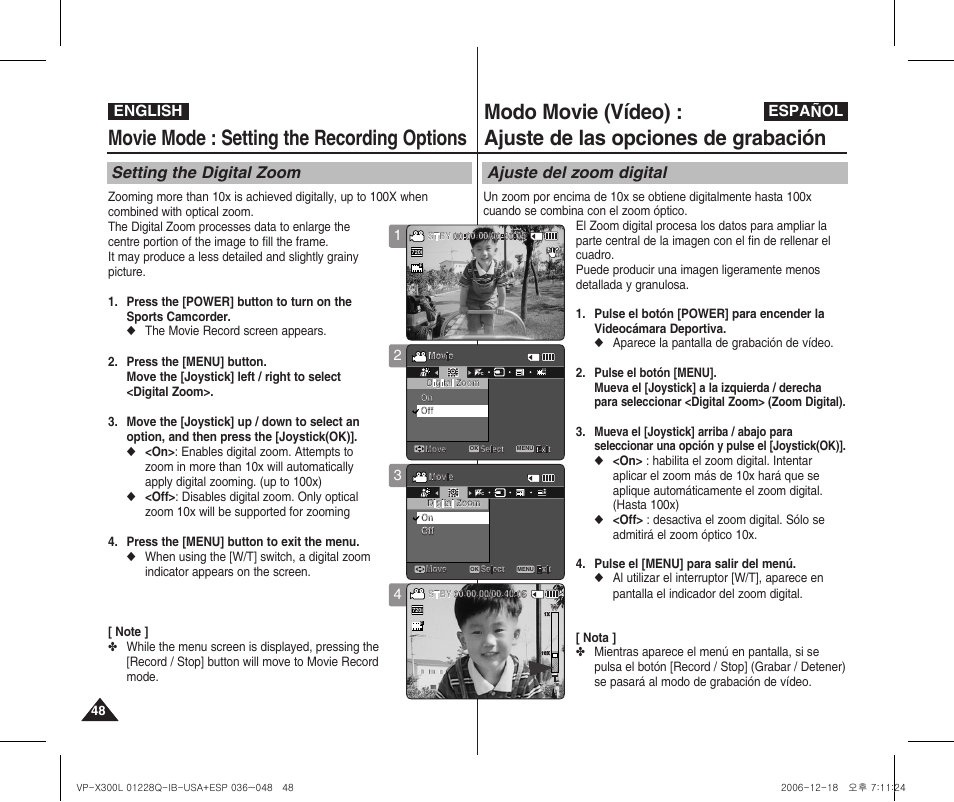 Movie mode : setting the recording options, Setting the digital zoom, Ajuste del zoom digital | English español | Samsung VP-X300 User Manual | Page 48 / 117