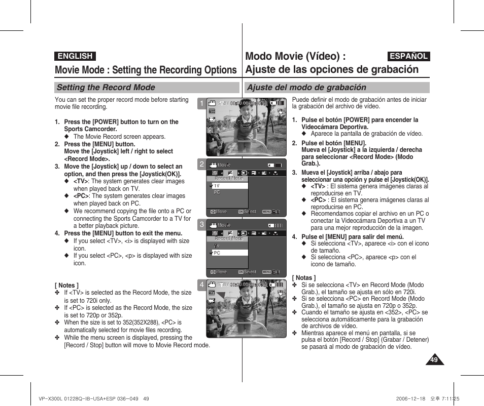 Movie mode : setting the recording options, Setting the record mode, Ajuste del modo de grabación | English español | Samsung VP-X300 User Manual | Page 49 / 117