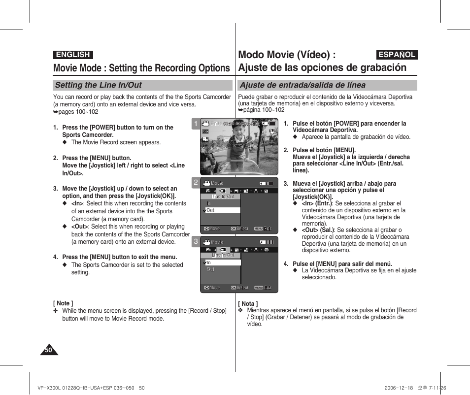Movie mode : setting the recording options, Setting the line in/out, Ajuste de entrada/salida de línea | English español | Samsung VP-X300 User Manual | Page 50 / 117