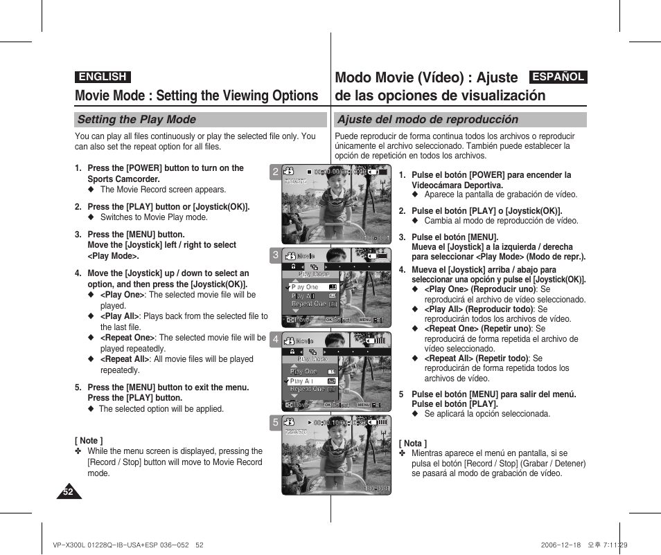 Movie mode : setting the viewing options, Setting the play mode, Ajuste del modo de reproducción | English español | Samsung VP-X300 User Manual | Page 52 / 117