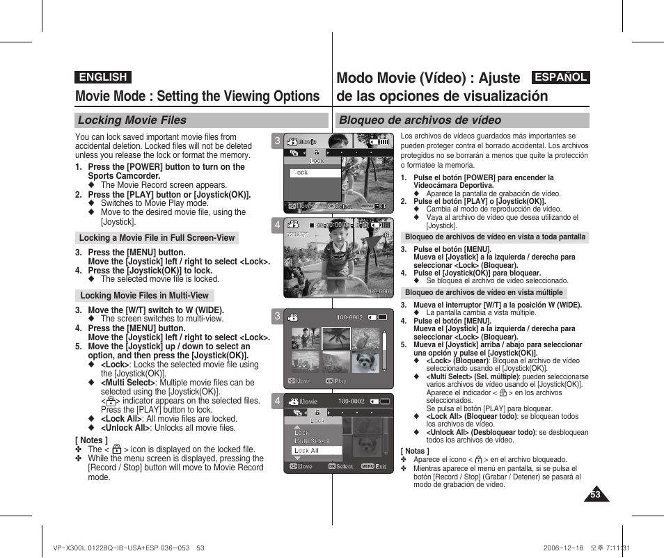 Movie mode : setting the viewing options, Locking movie files, Bloqueo de archivos de vídeo | Samsung VP-X300 User Manual | Page 53 / 117
