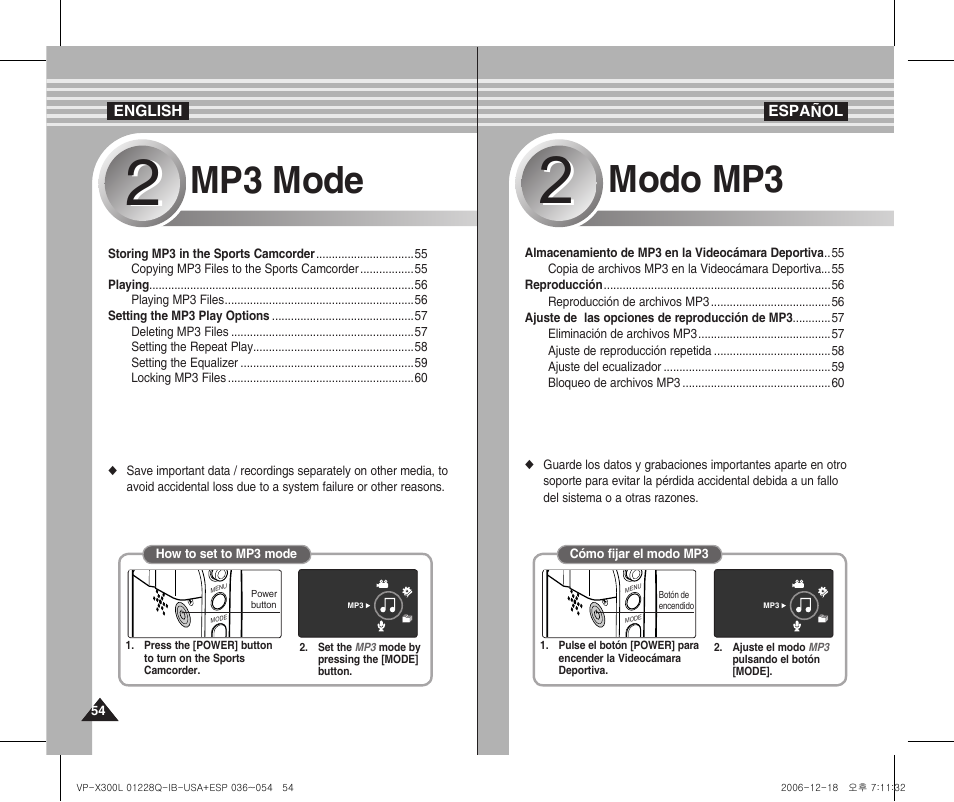 Mp3 mode, Modo mp3 | Samsung VP-X300 User Manual | Page 54 / 117