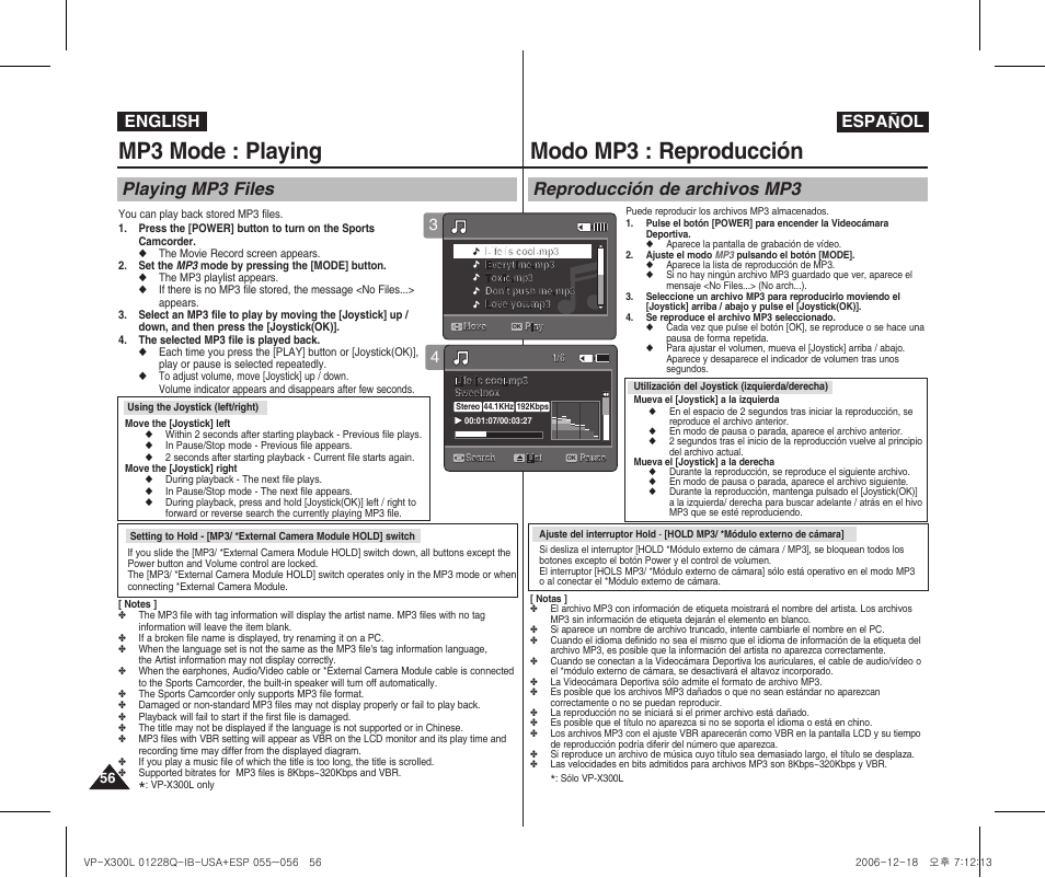 Mp3 mode : playing, Modo mp3 : reproducción, Playing mp3 files | Reproducción de archivos mp3, English español | Samsung VP-X300 User Manual | Page 56 / 117