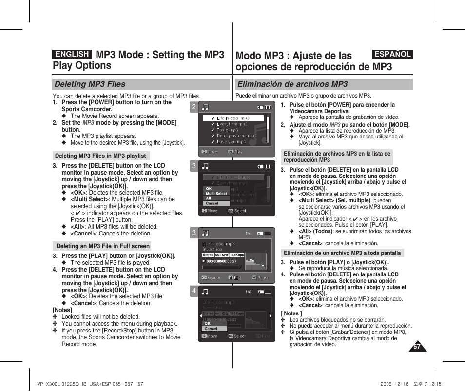 Mp3 mode : setting the mp3 play options | Samsung VP-X300 User Manual | Page 57 / 117