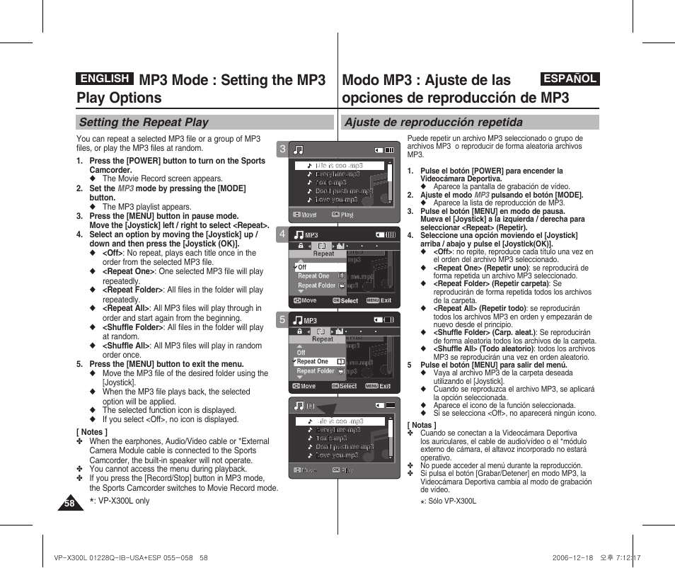 Mp3 mode : setting the mp3 play options, Setting the repeat play, Ajuste de reproducción repetida | English español | Samsung VP-X300 User Manual | Page 58 / 117