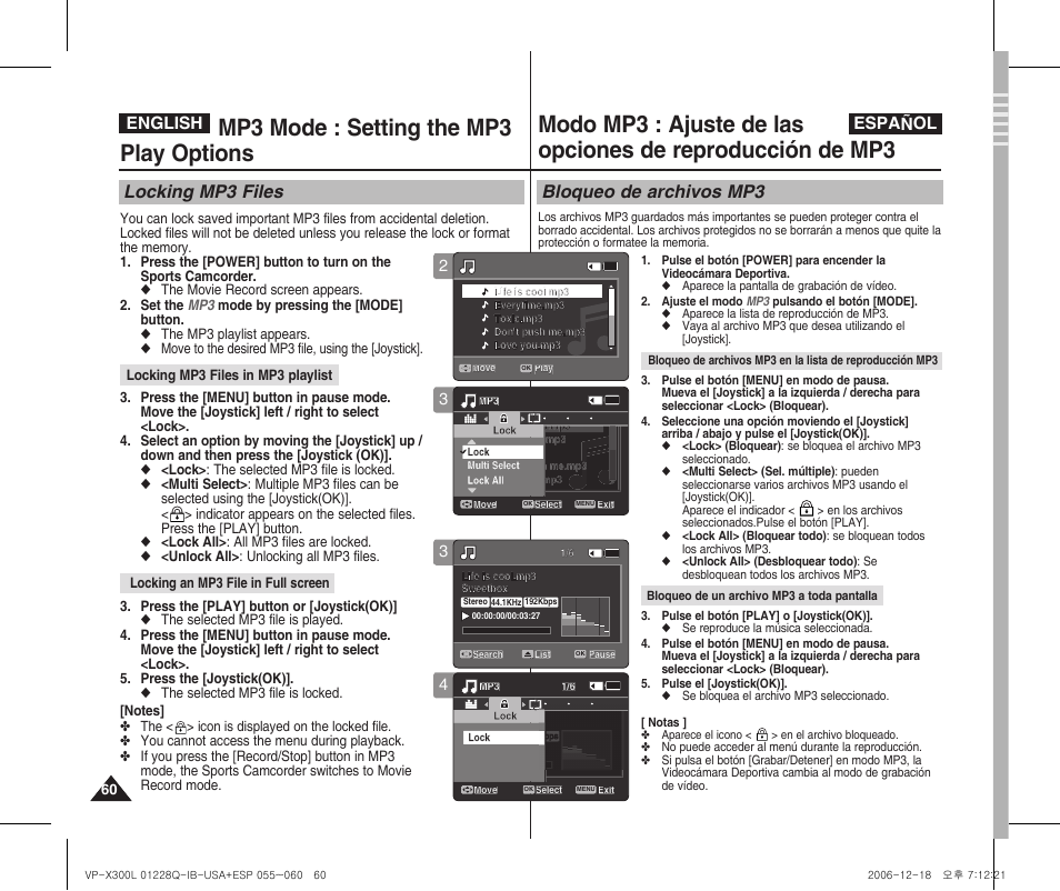 Mp3 mode : setting the mp3 play options, Locking mp3 files, Bloqueo de archivos mp3 | English español | Samsung VP-X300 User Manual | Page 60 / 117