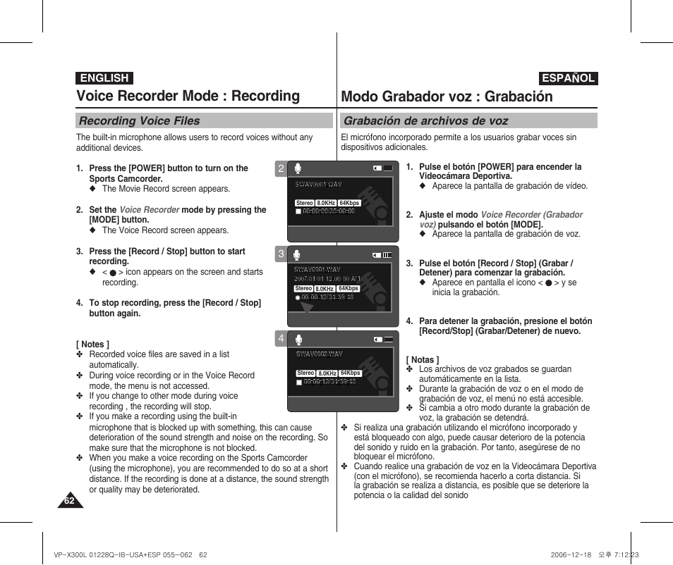 Voice recorder mode : recording, Modo grabador voz : grabación, Recording voice files | Grabación de archivos de voz | Samsung VP-X300 User Manual | Page 62 / 117
