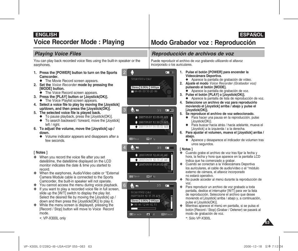 Voice recorder mode : playing, Modo grabador voz : reproducción, Playing voice files | Reproducción de archivos de voz, English español | Samsung VP-X300 User Manual | Page 63 / 117