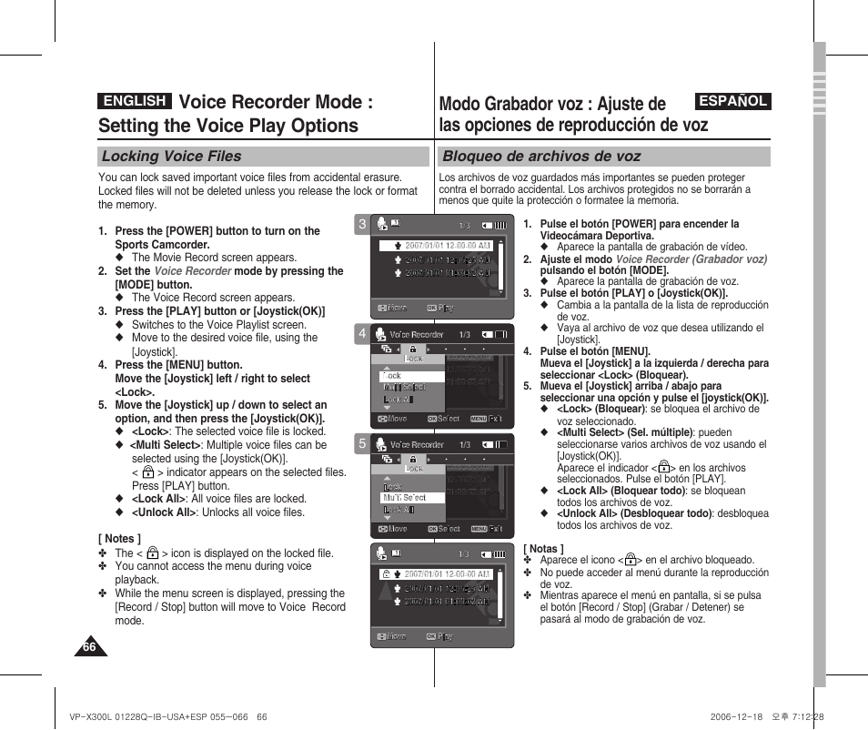 Locking voice files, Bloqueo de archivos de voz, English español | Grabador voz) | Samsung VP-X300 User Manual | Page 66 / 117