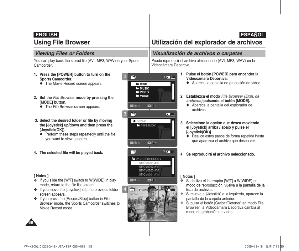 Using file browser, Utilización del explorador de archivos, Viewing files or folders | Visualización de archivos o carpetas, English español | Samsung VP-X300 User Manual | Page 68 / 117